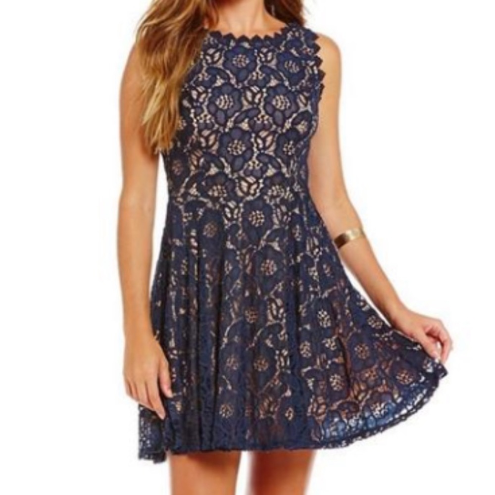 Jodi Kristopher Blue Lace with Nude Underneath Homecoming/Semi Formal Dress